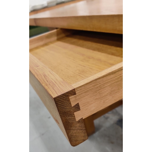 361 - LA CORNUE OAK TABLE, extendable with two leaves, has drawer and pull out loose chopping board to one... 