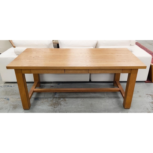 361 - LA CORNUE OAK TABLE, extendable with two leaves, has drawer and pull out loose chopping board to one... 