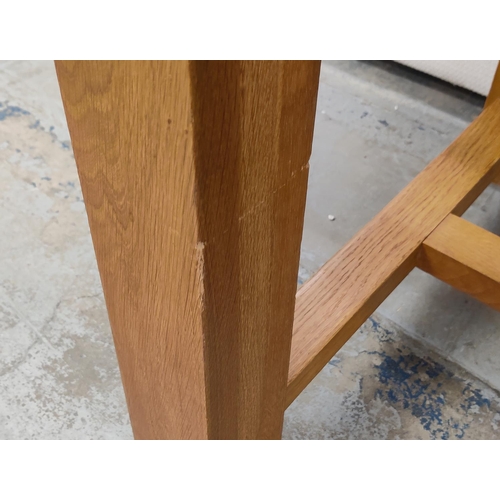 361 - LA CORNUE OAK TABLE, extendable with two leaves, has drawer and pull out loose chopping board to one... 