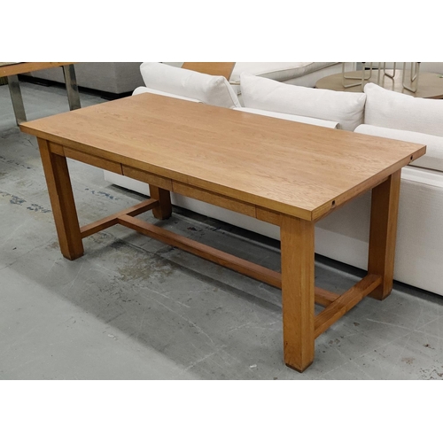 361 - LA CORNUE OAK TABLE, extendable with two leaves, has drawer and pull out loose chopping board to one... 