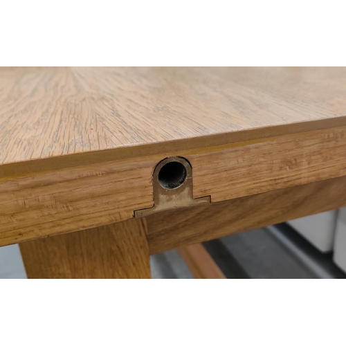 361 - LA CORNUE OAK TABLE, extendable with two leaves, has drawer and pull out loose chopping board to one... 