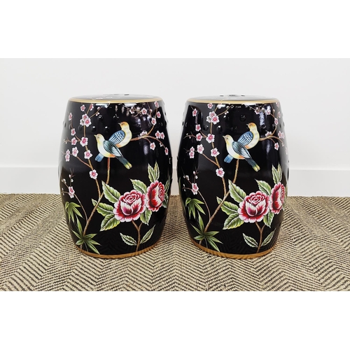 374 - BARREL STOOLS, a pair, bird and foliage decoration, 45cm H x 30cm W. (2)