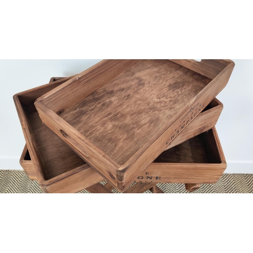 383 - WOODEN TRAYS ON STAND, graduated set of three trays, 80cm H x 56cm W x 38cm D.