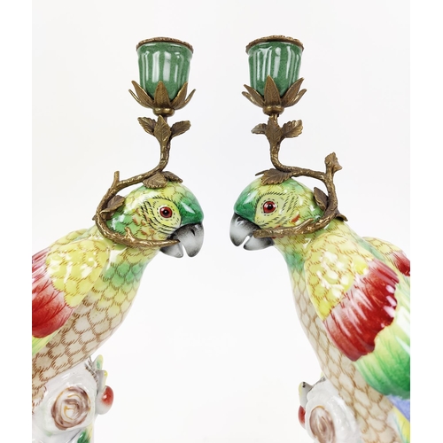 384 - PARROT CANDLESTICKS, a pair, ceramic and gilt metal, 35cm H. (2)