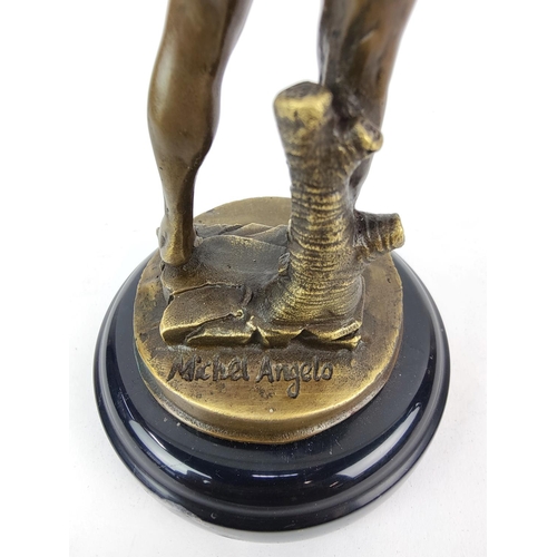 391 - CONTEMPORARY SCHOOL SCULPTURE, bronze, of David on a marble base, 28cm H.