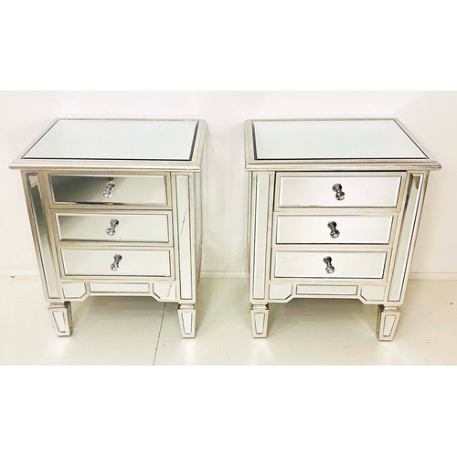 398 - MIRRORED SIDE CHESTS, a pair, Venetian style, each with three drawers, 60cm H x 50cm W x 40cm D. (2)