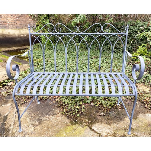 403 - GARDEN BENCH, light grey painted wrought metal, 92cm H x 107cm W x 54cm D.