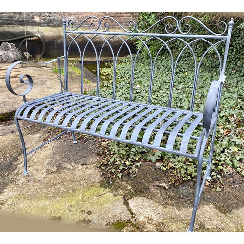 403 - GARDEN BENCH, light grey painted wrought metal, 92cm H x 107cm W x 54cm D.