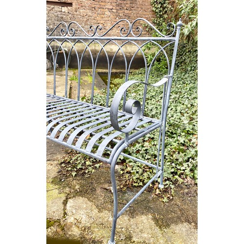 403 - GARDEN BENCH, light grey painted wrought metal, 92cm H x 107cm W x 54cm D.