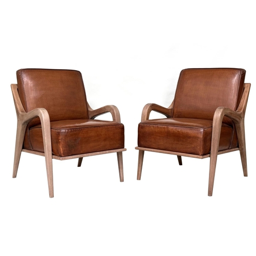 363 - ARMCHAIRS, a pair, Scandinavian style, with hand finished tan embossed leather upholstered, 63cm W. ... 