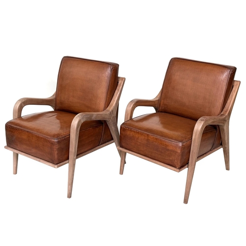 363 - ARMCHAIRS, a pair, Scandinavian style, with hand finished tan embossed leather upholstered, 63cm W. ... 