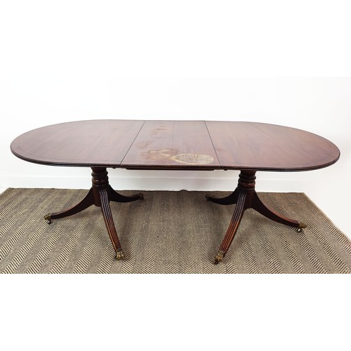 345 - D-END DINING TABLE, mahogany twin pedestal base and additional leaf, 72cm H x 99cm W x 204cm L.