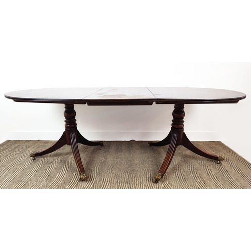 345 - D-END DINING TABLE, mahogany twin pedestal base and additional leaf, 72cm H x 99cm W x 204cm L.