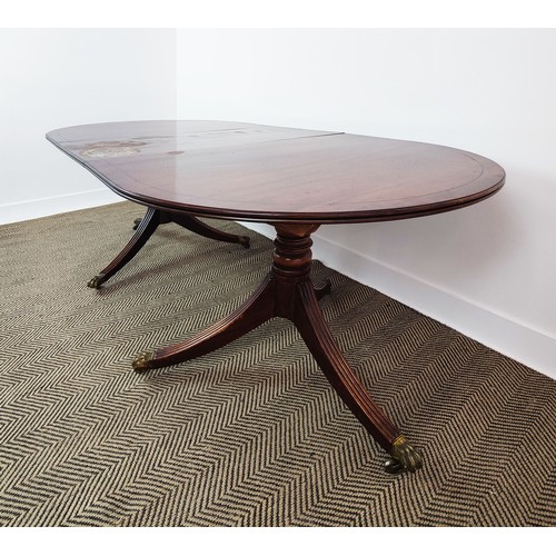 345 - D-END DINING TABLE, mahogany twin pedestal base and additional leaf, 72cm H x 99cm W x 204cm L.