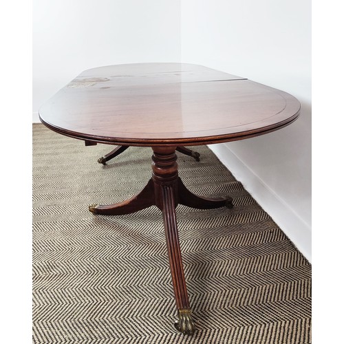 345 - D-END DINING TABLE, mahogany twin pedestal base and additional leaf, 72cm H x 99cm W x 204cm L.