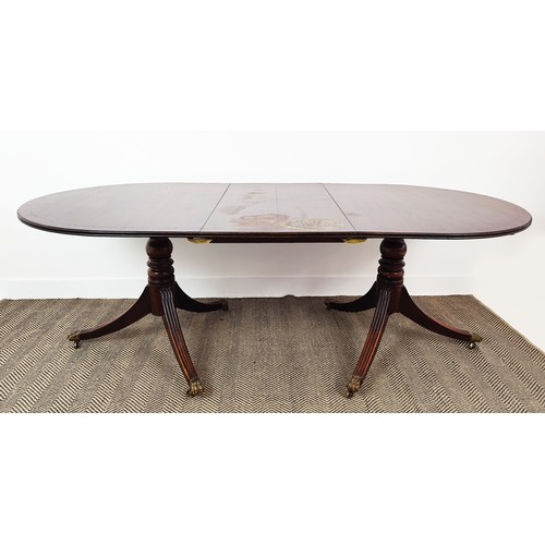 345 - D-END DINING TABLE, mahogany twin pedestal base and additional leaf, 72cm H x 99cm W x 204cm L.