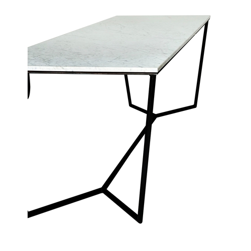 289 - DISPLAY TABLE, grey veined Carrara marble top raised upon metal supports and stretchers, 280cm W x 8... 