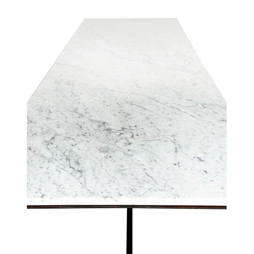 289 - DISPLAY TABLE, grey veined Carrara marble top raised upon metal supports and stretchers, 280cm W x 8... 