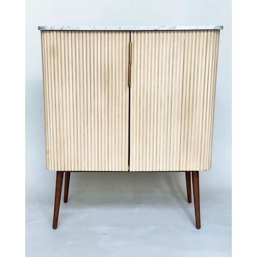 290 - COCKTAIL SIDE CABINET, Art Deco style with white Carrara marble top above two ribbed panelled doors ... 