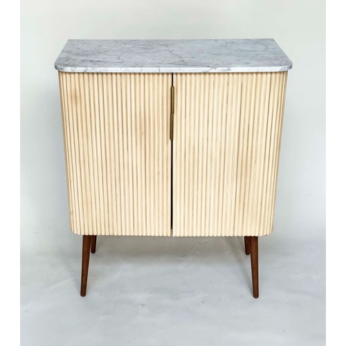 290 - COCKTAIL SIDE CABINET, Art Deco style with white Carrara marble top above two ribbed panelled doors ... 