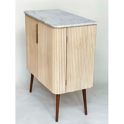 290 - COCKTAIL SIDE CABINET, Art Deco style with white Carrara marble top above two ribbed panelled doors ... 