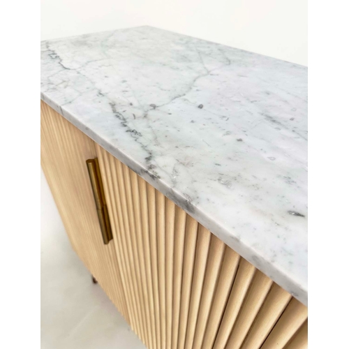 290 - COCKTAIL SIDE CABINET, Art Deco style with white Carrara marble top above two ribbed panelled doors ... 