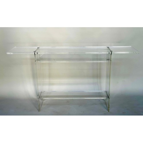 291 - LUCITE CONSOLE TABLE, rectangular with chrome supports, 148cm W x 76cm H x 23cm D.