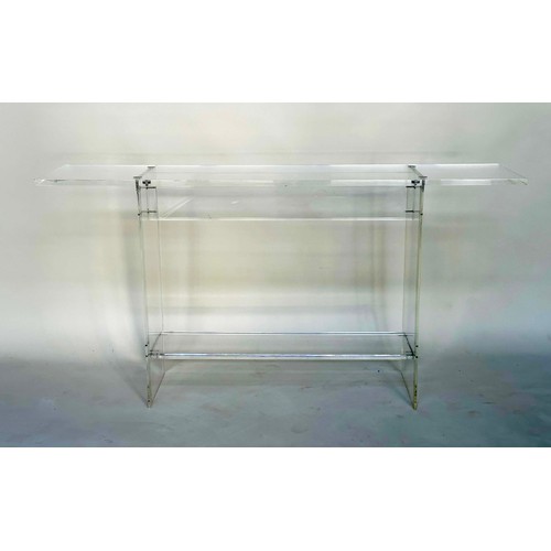 291 - LUCITE CONSOLE TABLE, rectangular with chrome supports, 148cm W x 76cm H x 23cm D.