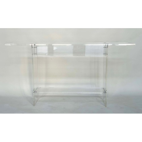 291 - LUCITE CONSOLE TABLE, rectangular with chrome supports, 148cm W x 76cm H x 23cm D.