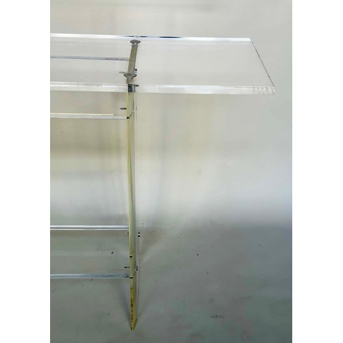 291 - LUCITE CONSOLE TABLE, rectangular with chrome supports, 148cm W x 76cm H x 23cm D.