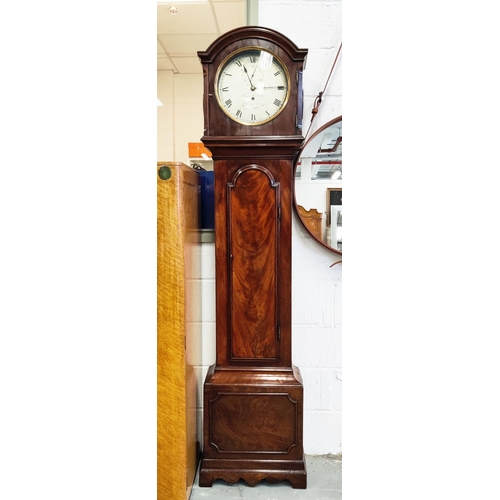 249 - LONGCASE CLOCK, Regency mahogany 'Thos Saunders, 258 Whitechapel Road, London, silvered dial, hours ... 