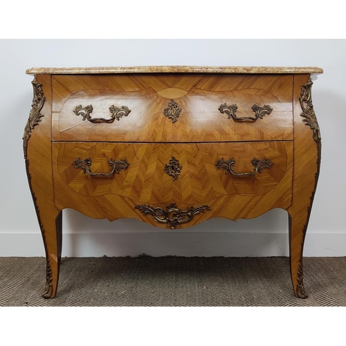 372 - BOMBE COMMODE, the serpentine marble top over two drawers, with parquetry detail and 188cm W x 54cm ... 