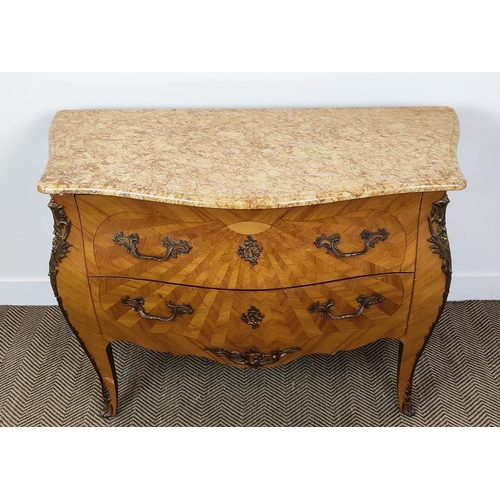 372 - BOMBE COMMODE, the serpentine marble top over two drawers, with parquetry detail and 188cm W x 54cm ... 