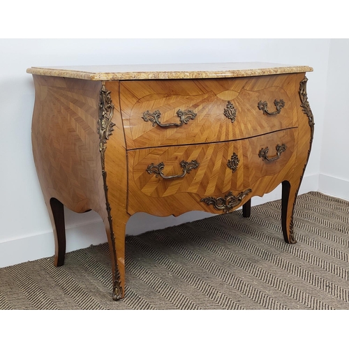 372 - BOMBE COMMODE, the serpentine marble top over two drawers, with parquetry detail and 188cm W x 54cm ... 