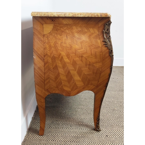 372 - BOMBE COMMODE, the serpentine marble top over two drawers, with parquetry detail and 188cm W x 54cm ... 