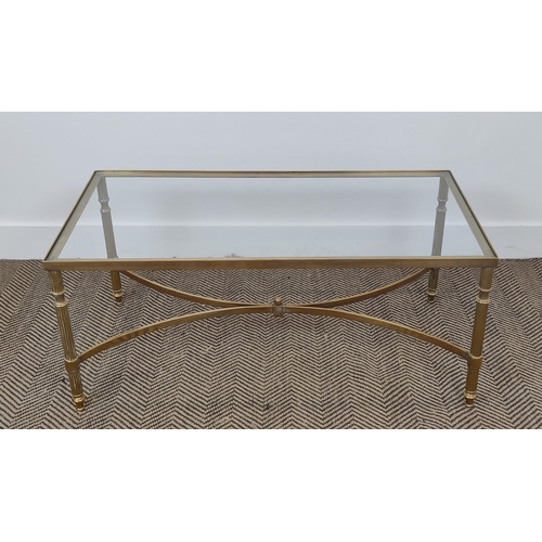 375 - COFFEE TABLE, brass and glass, on reeded supports, 47cm D x 41cm H x 92cm W.