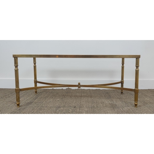 375 - COFFEE TABLE, brass and glass, on reeded supports, 47cm D x 41cm H x 92cm W.