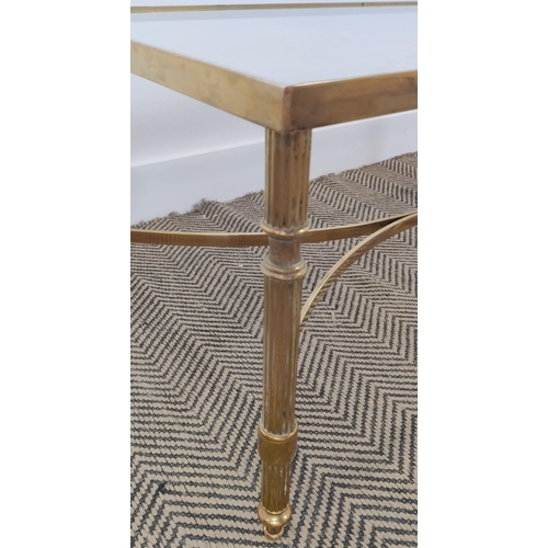 375 - COFFEE TABLE, brass and glass, on reeded supports, 47cm D x 41cm H x 92cm W.