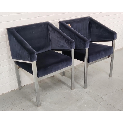 406 - MANNER OF MILO BAUGHMAN ARMCHAIRS, a pair, Prussian blue velvet upholstered, 59cm W approx. (2)