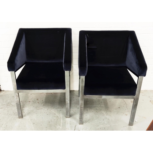 406 - MANNER OF MILO BAUGHMAN ARMCHAIRS, a pair, Prussian blue velvet upholstered, 59cm W approx. (2)