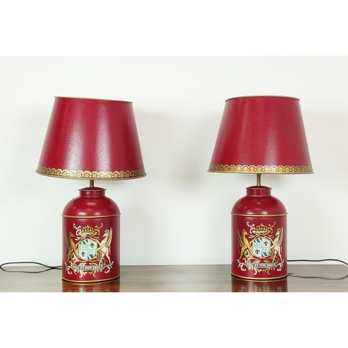 538 - TABLE LAMPS, a pair, in the form of tea cannisters, of substantial proportions with Heraldic detail ... 