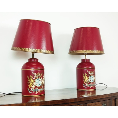 538 - TABLE LAMPS, a pair, in the form of tea cannisters, of substantial proportions with Heraldic detail ... 