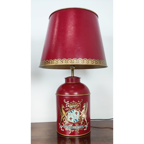 538 - TABLE LAMPS, a pair, in the form of tea cannisters, of substantial proportions with Heraldic detail ... 