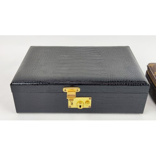 19A - DAINES AND HATHAWAY BLACK CROCODILE SKIN PATTERNED JEWELLERY CASE AND A LOUIS VUITTON JEWELLERY CASE... 