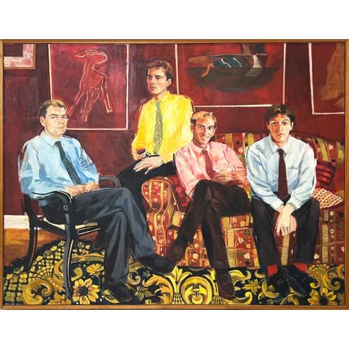 101 - MANNER OF DAVID HOCKNEY (British b.1937), 'Seated Gentlemen with Elizabeth Frink Paintings', oil on ... 