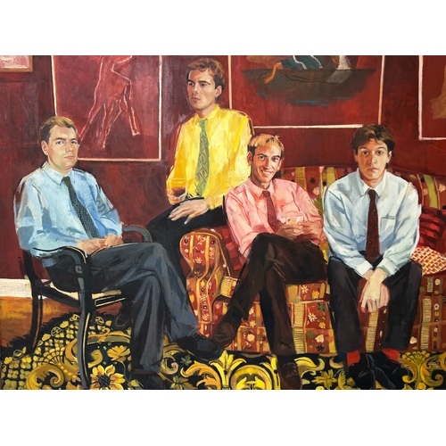 101 - MANNER OF DAVID HOCKNEY (British b.1937), 'Seated Gentlemen with Elizabeth Frink Paintings', oil on ... 