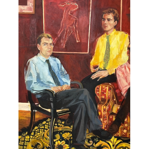 101 - MANNER OF DAVID HOCKNEY (British b.1937), 'Seated Gentlemen with Elizabeth Frink Paintings', oil on ... 