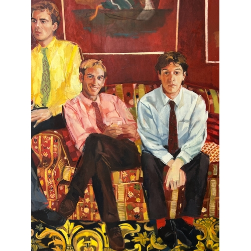 101 - MANNER OF DAVID HOCKNEY (British b.1937), 'Seated Gentlemen with Elizabeth Frink Paintings', oil on ... 