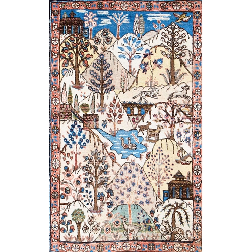 143 - ANTIQUE TABRIZ CARPET, depicting the Garden of Eden, hand knotted, wool and cotton, 186cm X 136cm.