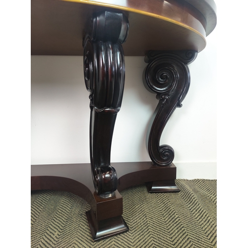 151 - CONSOLE TABLE, French Restauration design, simulated rosewood lappet carved legs below a half round ... 